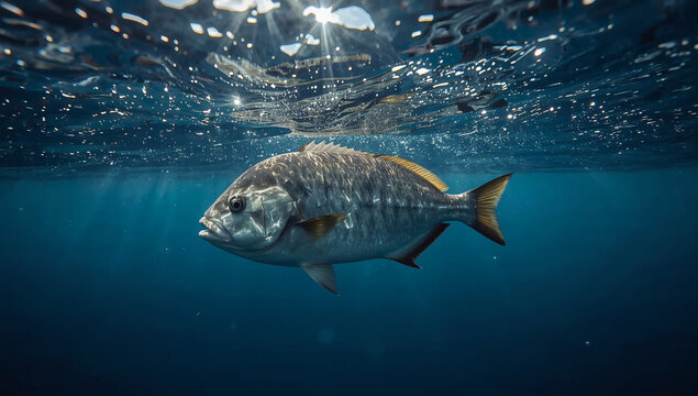 celestial giant vibrant scaled fish suspended in deep blue ocean sunbeams high end underwater fine art photography stunning hq stock image large marine life in ethereal light rays serene aquatic portr