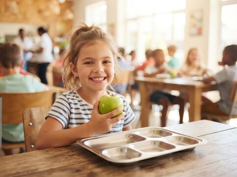 Little girl sitting at desk in cafeteria holding green apple. Healthy lunch for student in school canteen. Happy child with nutritious food for snack during break time in classroom.