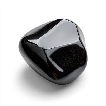 Polished black obsidian tumbled gemstone with glossy reflective surface isolated on transparent background