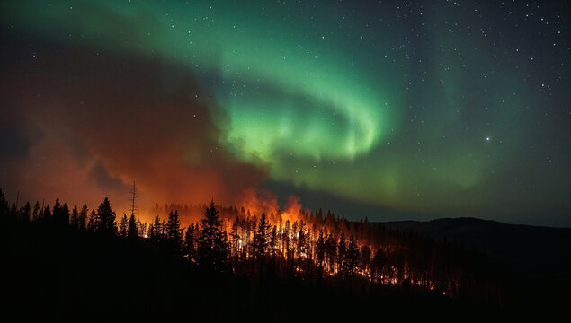wildfire vs aurora contrasting chaos serenity in night forest landscape dramatic nature photography stock image of climate extremes and celestial beauty