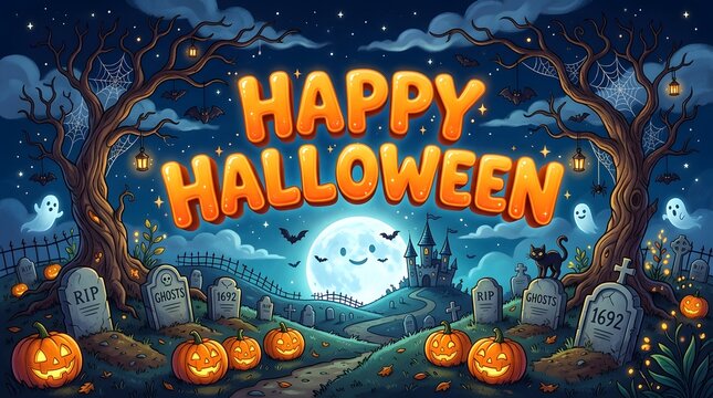 Happy halloween greeting card with a spooky graveyard scene, glowing pumpkins, a haunted castle, and a full moon in a dark starry night sky