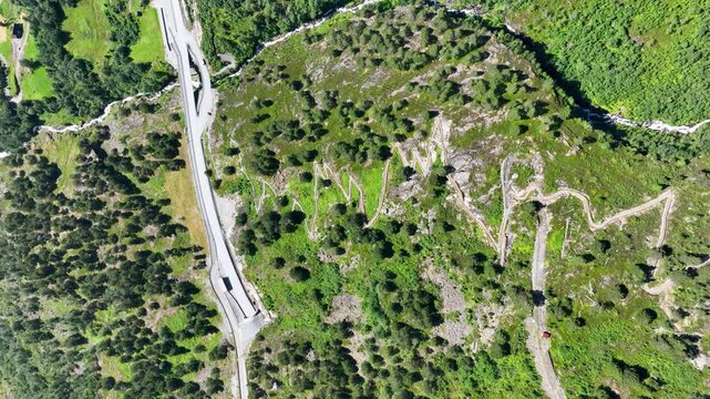 Aerial view of zig-zag switchback hiking trail in Norway