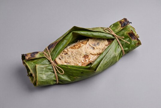 Traditional Congolese Liboke Ya Mbisi grilled fish wrapped in banana leaves with creamy garlic puree.
