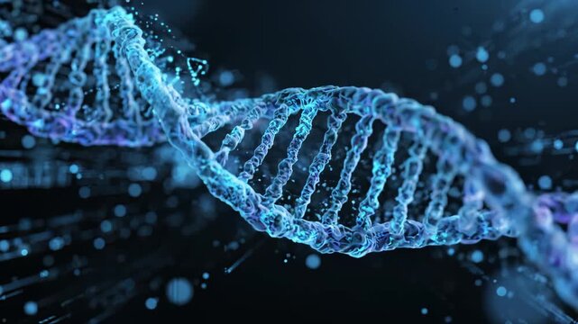 animated DNA double helix with glowing blue and purple particles, rotating in dark space with data streams