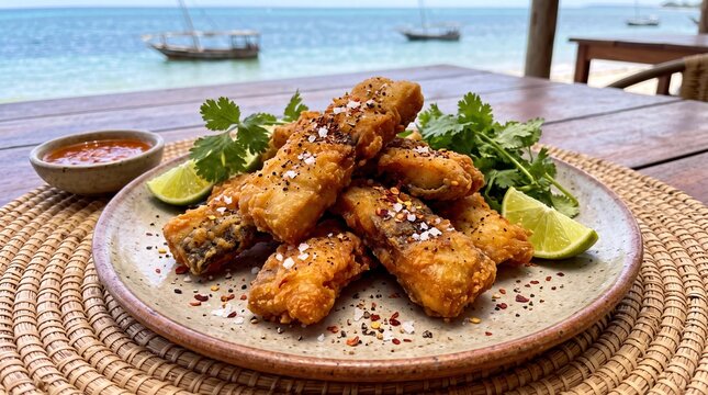 Traditional Mozambique Moreia Frita crispy fried sea eel served with lime and chili sauce