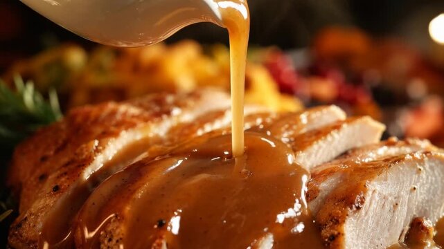 Close-up shot of rich brown gravy being poured over perfectly sliced roasted chicken breast during a holiday feast. Delicious gourmet meal preparation with steaming warm meat and colorful side dishes.