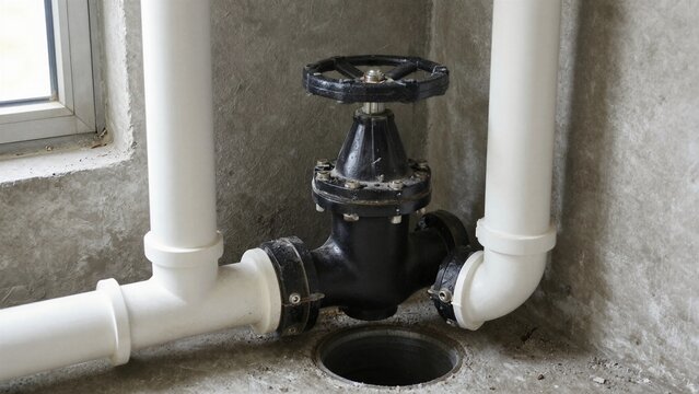 Close-up of a black sump pump valve connected to white PVC pipes against concrete walls near window.