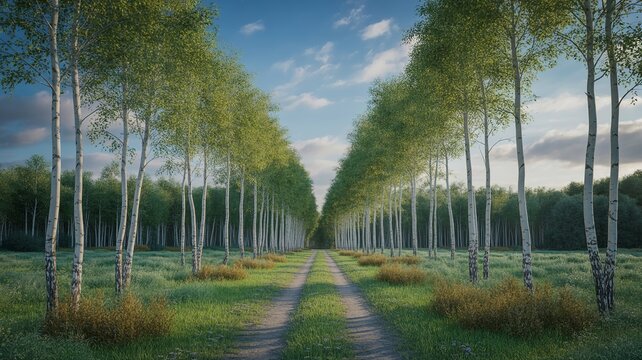 Symmetrical tree lined path with perspective depth and soft light in natural outdoor landscape creating serene calm composition