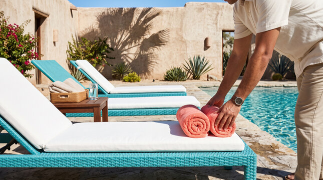 Fresh poolside towels prepare a desert motel for guests