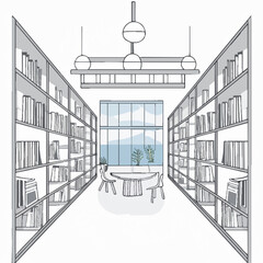 Modern library sketch showing tall bookshelves with a table and chairs for study and reading. © Ikhsan