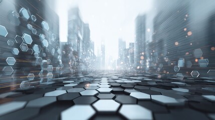 Obraz premium Abstract Urban Cityscape with Hexagonal Patterns and Blurred Background