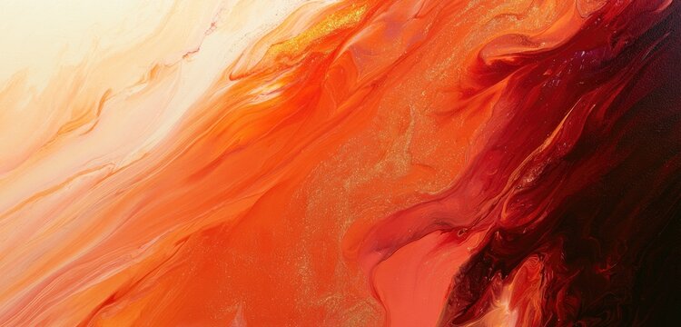 Vibrant abstract painting with swirling textures in warm orange and red hues.