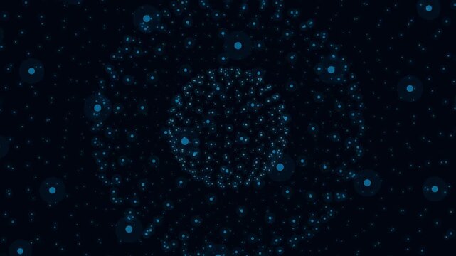 Glowing blue particles forming a circular sphere structure floating in the dark deep space environment