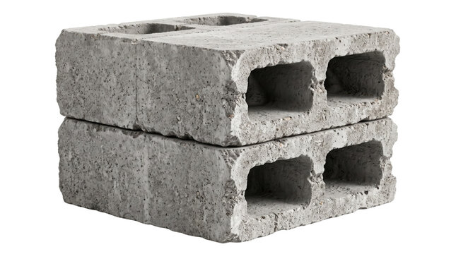 Concrete cinder blocks stacked on white background, industrial cement masonry units, grey textured building materials for construction and architecture