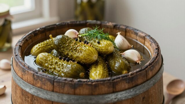 Freshly pickled gherkins with garlic and dill submerged in brine inside a rustic wooden barrel.