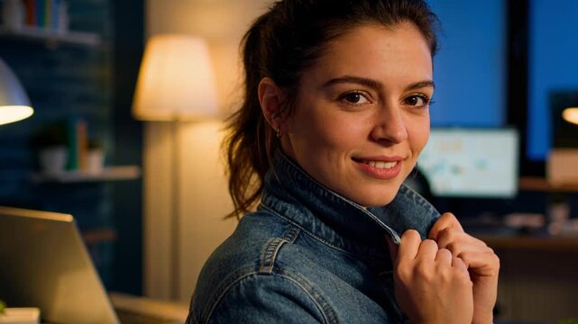 Camera rolling, adjusting denim jacket collar, woman smiling, engaging camera at desk with laptop