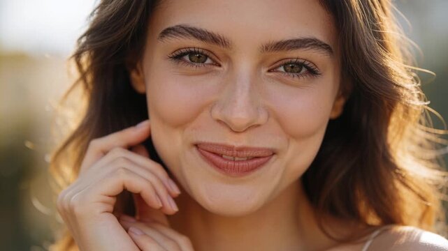 Smiling woman in thin-strap top posing in park, widening smile on cue, touching cheek, backlit hair