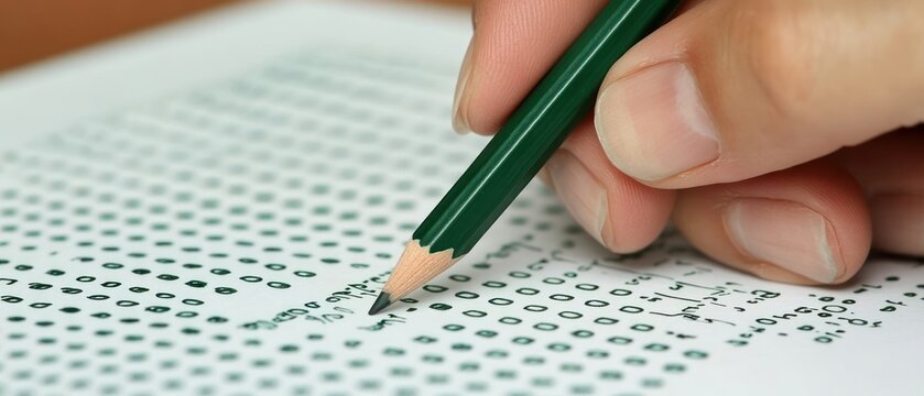 Closeup of hand filling out multiple choice answer sheet with green pencil