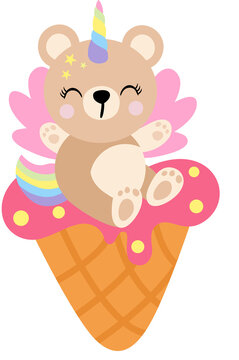 Cute Magical Unicorn Bear Sitting On Ice Cream Waffle Cone