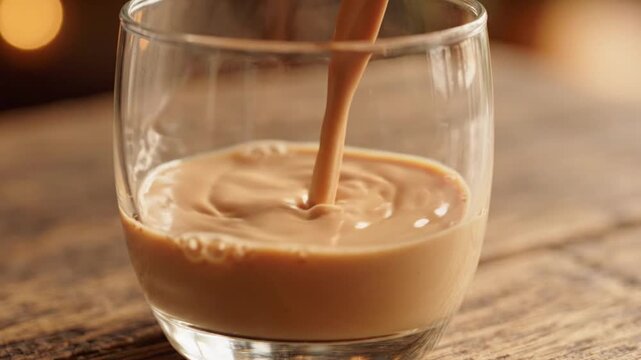 Creamy beverage pouring into a glass, slow motion, rich texture