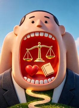 3D stylized businessman with open mouth revealing scales of justice, a heart, and law book, symbolizing ethics, integrity, and moral choices.
