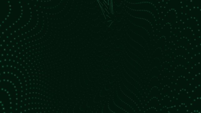 Glowing dots and light trails form a rhythmic wave pattern across a deep dark green space