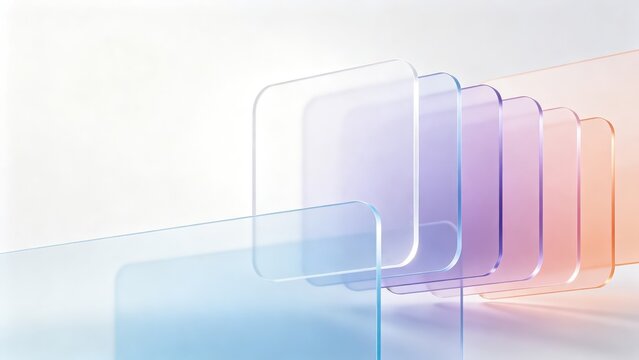 Futuristic transparent glass layers with pastel gradient reflections, abstract minimal technology background, idea for UI interface presentation and branding design