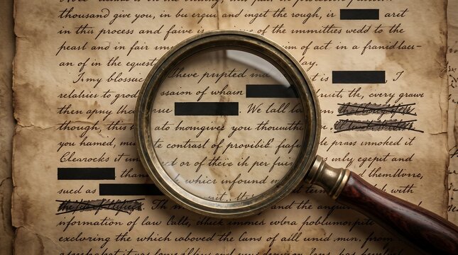 Magnifying glass over redacted document. Investigating secret files with black ink marks.