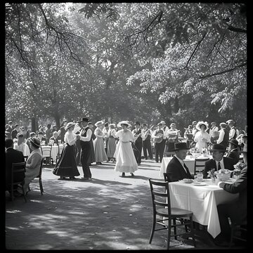 Vintage outdoor garden party with people dancing in period costumes.