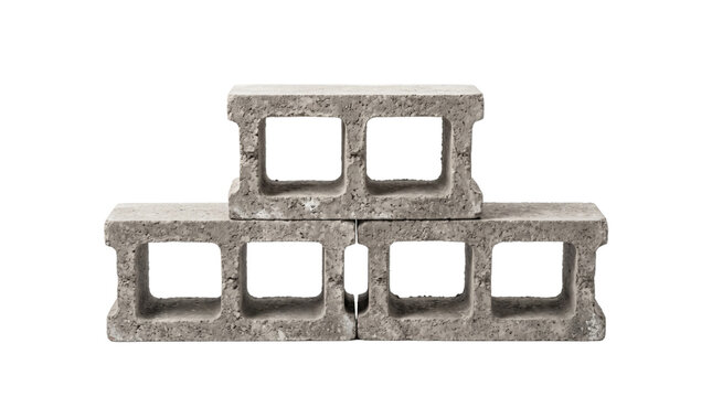 Concrete cinder blocks stacked in pyramid, grey cement masonry units on white background, industrial building materials for construction projects