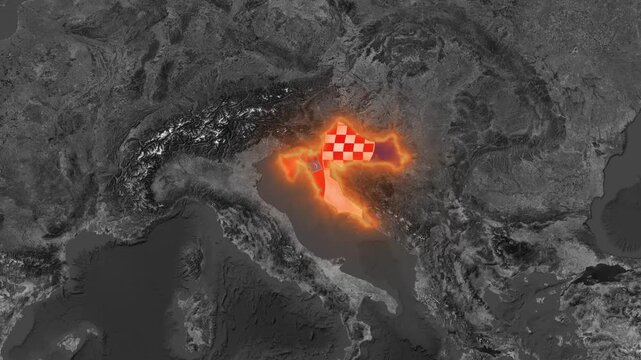 Croatia Map Glowing Fire Outline with National Flag Animation on Dark Satellite Background