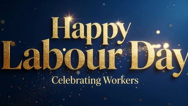 Sparking gold trail sweeping across Happy Labour Day on navy, showing subtitle Celebrating Workers