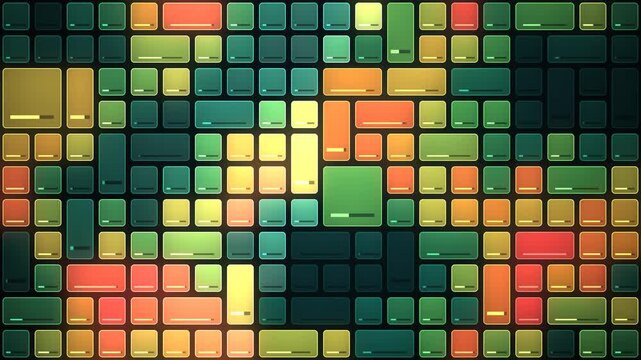 Risk heatmap dashboard grid of data tiles updating from cool blue to hot red, seamless loop in deep emerald tones