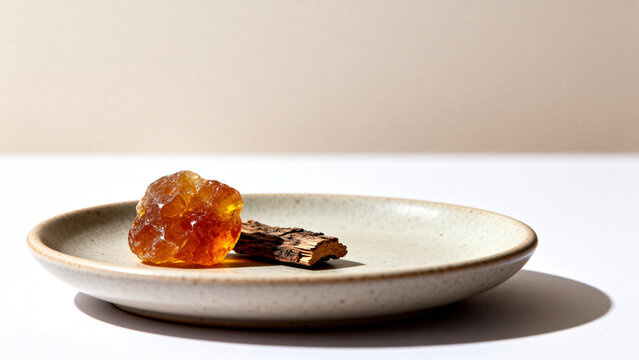 commiphora. Amber resin piece and bark fragment on ceramic dish, studio banner with soft background, natural wellness and earthy spa concept, STEM education sheets.