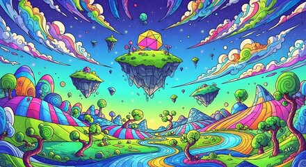 Fototapeta premium Vibrant Surreal Fantasy Landscape with Floating Islands and Psychedelic Colors.