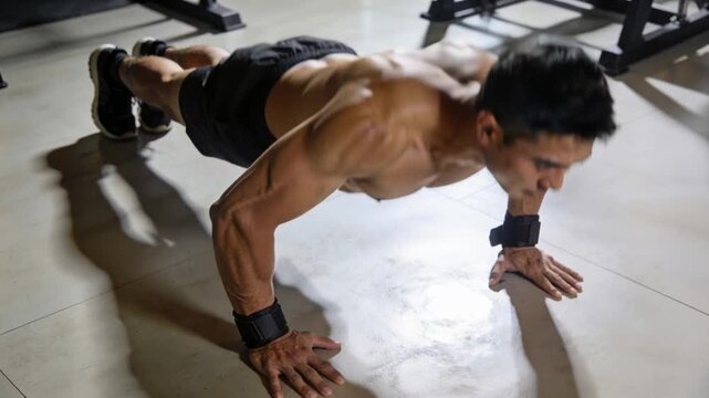 Starting from high-plank, shirtless man performing push-ups at gym with wrist straps for strength