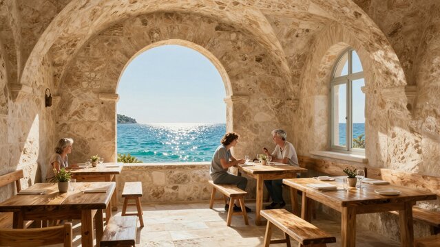 Guests enjoy seaside dining under stone arches of a historic Greek Revival building overlooking turquoise waters.