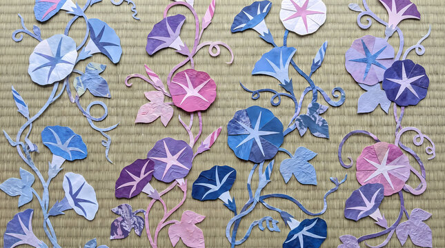 Top-Down Paper Collage Morning Glory Vines on Cream Base