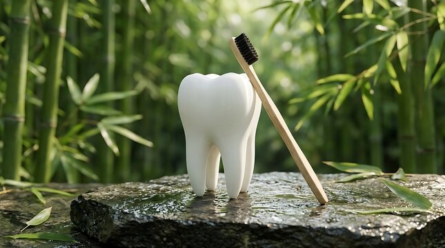 White tooth model with bamboo toothbrush on natural stone surface