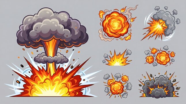 Collection of cartoon style explosion effects with fire smoke and debris