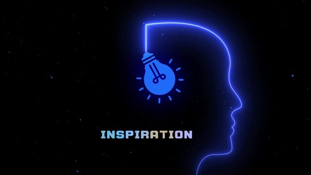 Inspiration concept with glowing human profile and illuminated light bulb symbolizing motivation, imagination, positive thinking and creative vision.