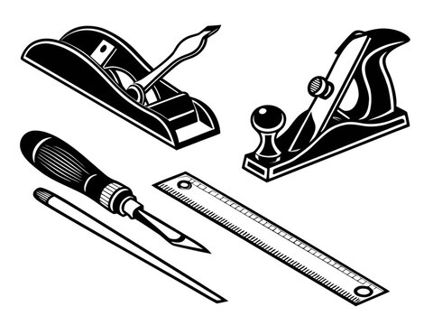 hand plane, wood chisel, measuring square, and carpenter pencil. Solid black vector silhouettes on white, neatly arranged in a balanced grid, consistent visual weight, clean edges, no overlapping 