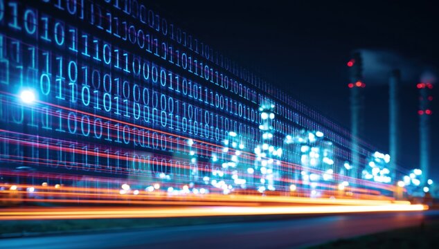Binary code overlay on digital city night for high speed data network information