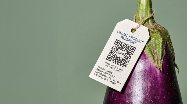 Eggplant with Digital Product Passport QR Code Tag, Food Traceability and Supply Chain Transparency