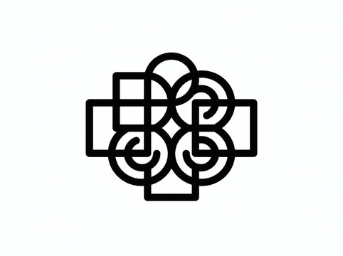 Abstract linear geometric logo combining circles and rectangles into an interlocking cross emblem. Elegant vector symbol for modern medical clinic, consulting agency, tech, and architecture.