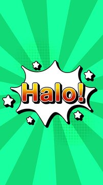 Halo text word lettering popup comic cartoon reveal with bomb and smoke explosion manga anime book page dots radial speed lines doodle teal background seamless loop vertical animation retro 