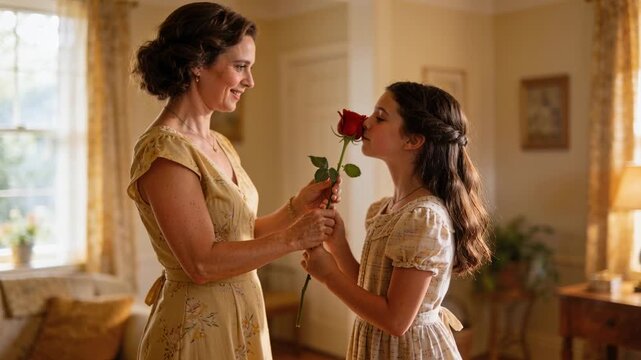 Offering mother yellow floral dress presenting red rose as gift, girl taking stem smiling at home