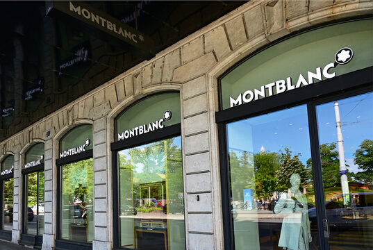 Geneva, Switzerland, Europe - 05.2026 : Logo above entrance to MONTBLANC boutique, German manufacturer of luxury goods, most known for its luxury pens, part of  Swiss Richemont group