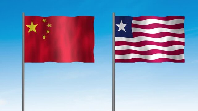 Flag of Liberia and China, Pole flag of Liberia and China on clear sky background. Liberia and China flag waving. 

