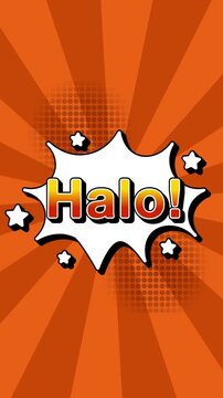 Halo text word lettering popup comic cartoon reveal with bomb and smoke explosion manga anime book page dots radial speed lines doodle orange background seamless loop vertical animation retro 